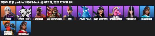 [PC/PSN/XBOX] | 12 skins | Torin | Toona Fish | Carnage | J.B. Chimpanski | Kor | Polar Peely | Ruby Shadows | Fabio Sparklemane | Charlotte | Full Access
