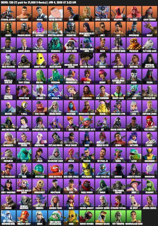 [PC/PSN/XBOX] | 139 skins | 950 V-bucks | Lara Croft | Eternal Knight | Menace | Midas | Peter Griffin | Fade | Zeus | Spire Assassin | Deadpool | Full Access