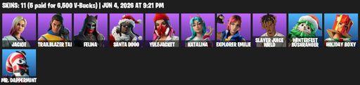 [PC/PSN/XBOX] | 11 skins | 600 V-bucks | Jackie | Trailblazer Tai | Felina | Santa Dogg | Yulejacket | Katalina | Explorer Emilie | Slayer Juice WRLD | Full Access