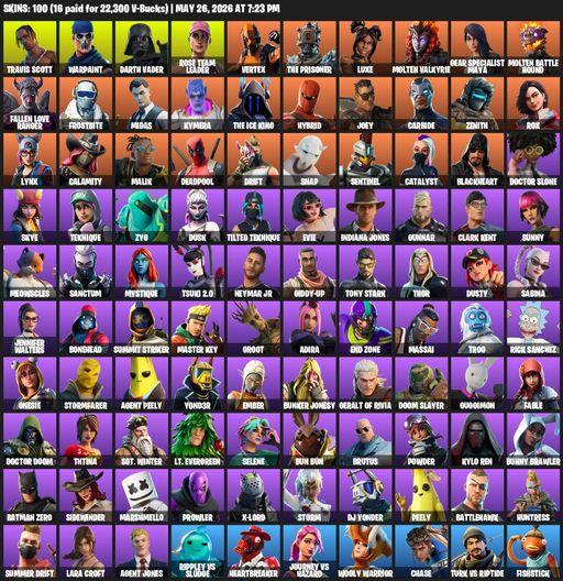 [PC/PSN] | 100 skins | OG STW | Travis Scott | Lara Croft | Warpaint | Darth Vader | Rose Team Leader | Vertex | The Prisoner | Luxe | Molten Valkyrie | Full Access