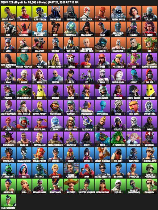 [PC] | 121 skins | Travis Scott | Prodigy | Blue Striker | The Ice King | Enforcer | Wild Card | Hybrid | Frozen Raven | Rox | A.I.M. | Dire | Full Access