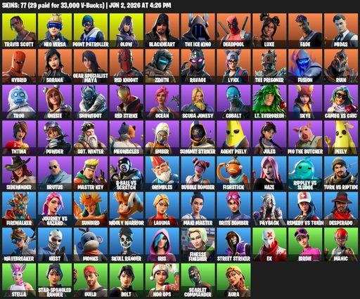 [PC/XBOX] | 77 skins | Travis Scott | Neo Versa | Point Patroller | Glow | Blackheart | The Ice King | Deadpool | Luxe | Fade | Midas | Hybrid | Full Access