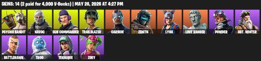 [PC/PSN/XBOX] | 14 skins | 650 V-bucks | Psycho Bandit | Havoc | Sub Commander | Trailblazer | Carbide | Zenith | Lynx | Love Ranger | Powder | Full Access