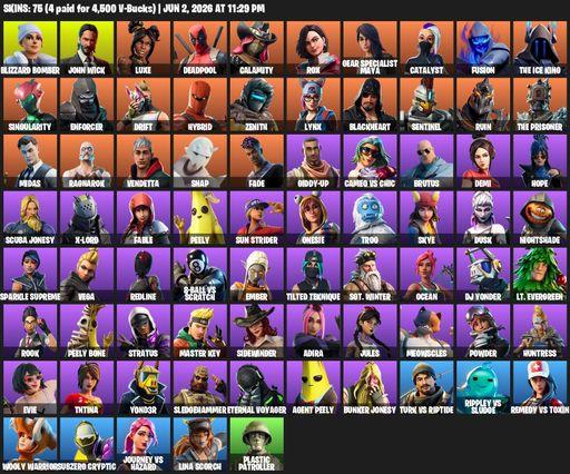 [PC] | 75 skins | Blizzard Bomber | John Wick | Luxe | Deadpool | Calamity | Rox | Gear Specialist Maya | Catalyst | Fusion | The Ice King | Full Access