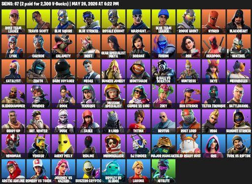 [PC/XBOX] | 67 skins | Take The L | OG STW | Travis Scott | Royale Knight | Blue Squire | Rose Team Leader | Blue Striker | Warpaint | Full Access