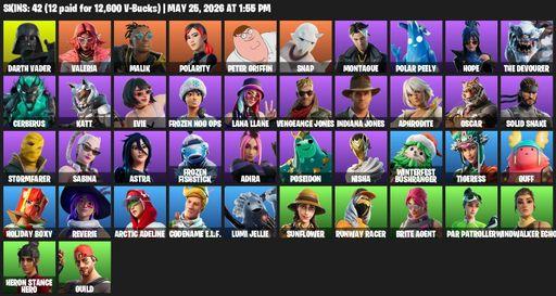 [PC/XBOX] | 42 skins | Reaper Axe | Darth Vader | Valeria | Malik | Polarity | Peter Griffin | Snap | Montague | Polar Peely | Hope | The Devourer | Full Access