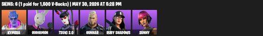 [PC/PSN/XBOX] | 6 skins | 500 V-bucks | Kymera | Guggimon | Tsuki 2.0 | Gunnar | Ruby Shadows | Sunny | Omni Sword | Shadow Slicer | The Fret Basher | Full Access