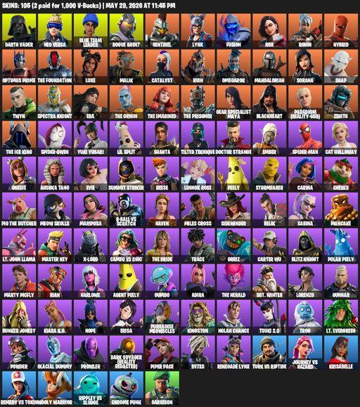 [PC/XBOX] | 105 skins | Reaper Axe | Darth Vader | Neo Versa | Blue Team Leader | Rogue Agent | Sentinel | Lynx | Fusion | Rox | Ronin | Hybrid | Full Access