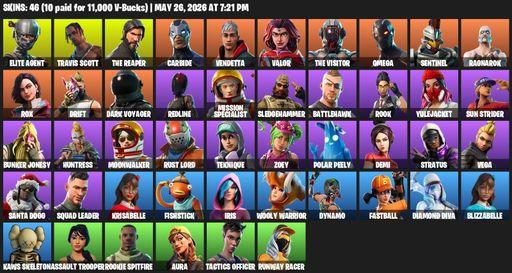 [PC] | 46 skins | 1200 V-bucks | Take The L | Travis Scott | The Reaper | Elite Agent | Omega | Carbide | Vendetta | Valor | The Visitor | Sentinel | Full Access