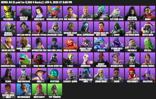 [PC/XBOX] | 54 skins | Reaper Axe | Peelverine | Godzilla Evolved | Dupli-Kate | Undercover Skye | Poe Dameron | Captain Jones | Jade | Fletcher Kane | Full Access
