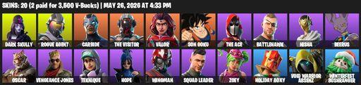 [PC/PSN/XBOX] | 20 skins | 750 V-bucks | Dark Skully | Rogue Agent | Carbide | The Visitor | Valor | Son Goku | The Ace | Battlehawk | Nisha | Beerus | Full Access