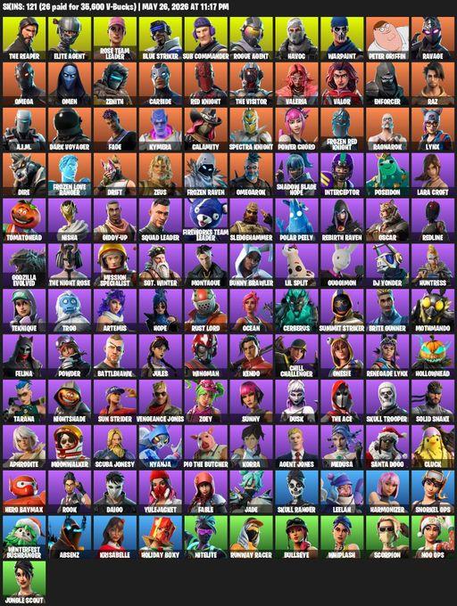 [PC/XBOX] | 121 skins | Take The L | OG STW | The Reaper | Elite Agent | Omega | Lara Croft | Rose Team Leader | Blue Striker | Sub Commander | Full Access