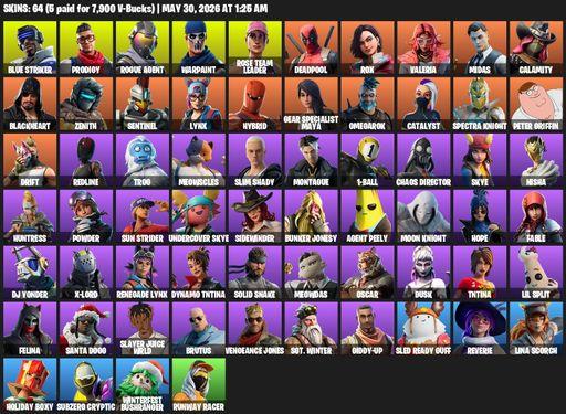 [PC/XBOX] | 64 skins | OG STW | Blue Striker | Prodigy | Rogue Agent | Warpaint | Rose Team Leader | Deadpool | Rox | Valeria | Midas | Calamity | Full Access