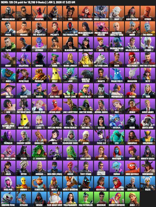 [PC/PSN/XBOX] | 129 skins | 1100 V-bucks | Leviathan Axe | Lara Croft | Mandalorian | Joey | Deadpool | Ruin | Luxe | The Imagined | Spire Assassin | Full Access