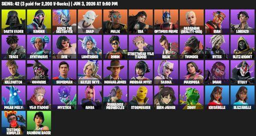 [PC/XBOX] | 42 skins | 1100 V-bucks | Darth Vader | Xander | Renzo the Destroyer | Snap | Malik | Era | Optimus Prime | Paradigm (Reality-659) | Rian | Full Access