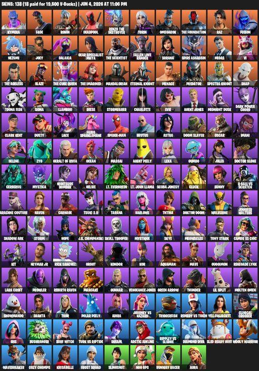 [PC/XBOX] | 138 skins | Leviathan Axe | Lara Croft | Kymera | Fade | Ronin | Deadpool | Renzo the Destroyer | Torin | Omegarok | The Foundation | Raz | Full Access