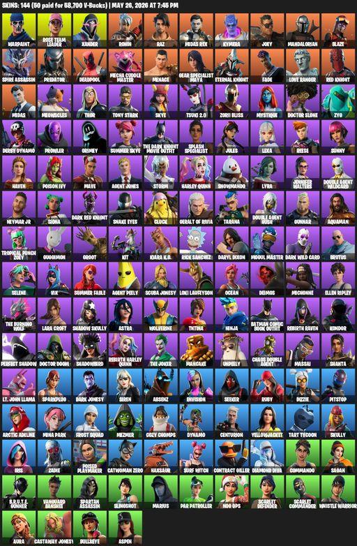 [PC/PSN/XBOX] | 144 skins | Leviathan Axe | OG STW | Lara Croft | Warpaint | Rose Team Leader | Xander | Ronin | Raz | Midas Rex | Kymera | Joey | Full Access