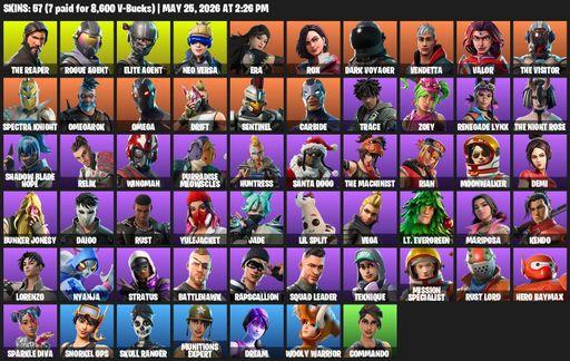 [PC/XBOX] | 57 skins | Take The L | The Reaper | Elite Agent | Omega | Reaper Axe | Rogue Agent | Neo Versa | Era | Rox | Dark Voyager | Vendetta | Full Access