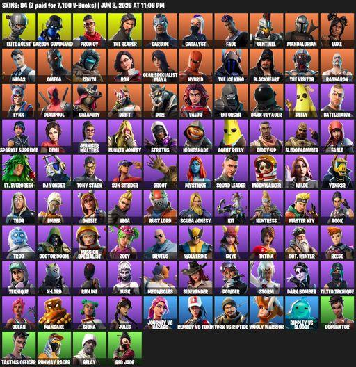 [PC/XBOX] | 94 skins | Take The L | The Reaper | Elite Agent | Omega | Carbon Commando | Prodigy | Carbide | Catalyst | Fade | Sentinel | Mandalorian | Full Access