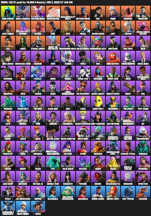 [PC/PSN/XBOX] | 133 skins | 750 V-bucks | Lara Croft | Surf Strider | Spire Assassin | The Cube Queen | Peter Griffin | Gear Specialist Maya | Full Access