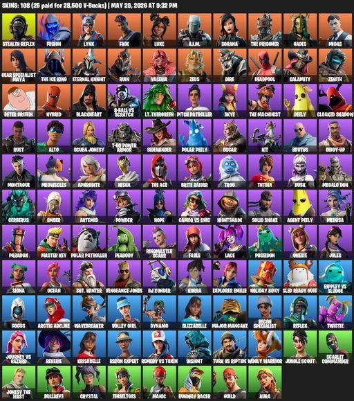 [PC/PSN/XBOX] | 108 skins | 1350 V-bucks | Reaper Axe | Stealth Reflex | Fusion | Lynx | Fade | Luxe | A.I.M. | Sorana | The Prisoner | Hades | Midas | Full Access