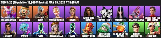 [PC/XBOX] | 20 skins | The Cube Queen | Crackshot | Ronin | Ginger Gunner | Haven | MJ (No Way Home) | Toona Fish | Charlotte | Lt. John Llama | Full Access