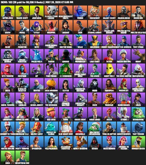 [PC/PSN/XBOX] | 102 skins | Merry Mint Axe | Travis Scott | Lara Croft | Astro Jack | John Wick | P.A.N.D.A Team Leader | Gear Specialist Maya | Full Access
