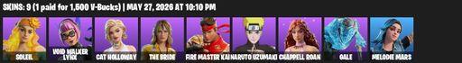 [PC/PSN/XBOX] | 9 skins | Soleil | Void Walker Lynx | Cat Holloway | The Bride | FIRE Master Kai | Naruto Uzumaki | Chappell Roan | Gale | Full Access