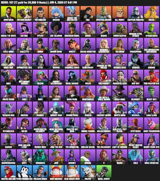 [PC/PSN/XBOX] | 107 skins | 10950 V-bucks | John Wick | Psycho Bandit | The Ageless | Nezumi | Renzo the Destroyer | Era | Spectra Knight | All Might | Full Access