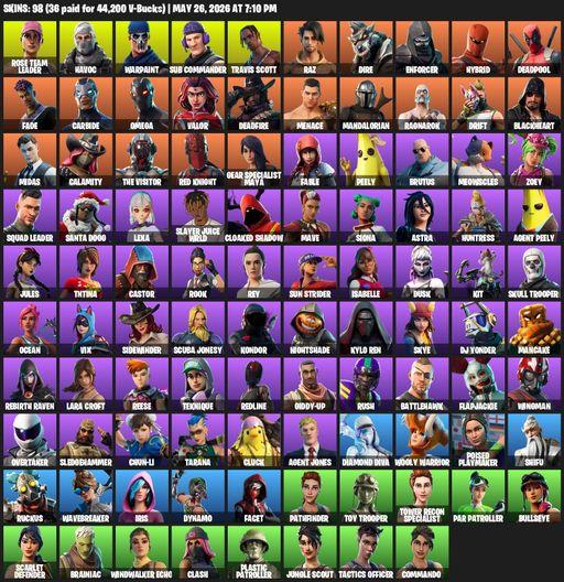 [PC/PSN/XBOX] | 98 skins | Leviathan Axe | OG STW | Travis Scott | Omega | Lara Croft | Rose Team Leader | Havoc | Warpaint | Sub Commander | Raz | Full Access