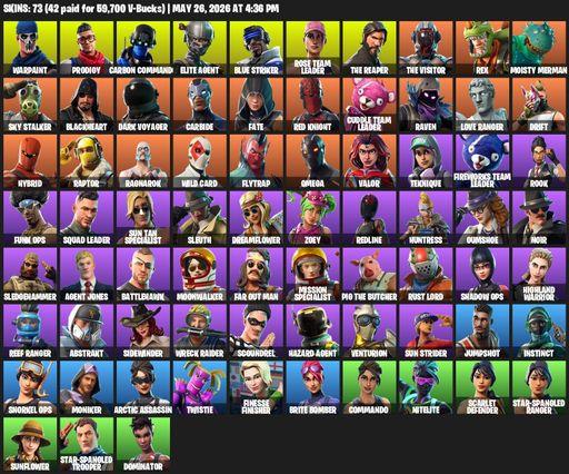 [PC/PSN/XBOX] | 73 skins | 900 V-bucks | Take The L | OG STW | The Reaper | Elite Agent | Omega | Mako | Warpaint | Prodigy | Carbon Commando | Full Access
