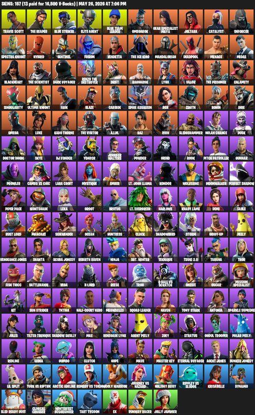 [PC/XBOX] | 157 skins | 1050 V-bucks | Merry Mint Axe | Take The L | Travis Scott | The Reaper | Elite Agent | Omega | Lara Croft | Blue Striker | Full Access