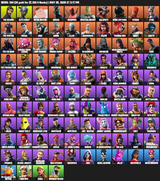[PC] | 104 skins | Take The L | The Reaper | Elite Agent | Omega | Peter Griffin | Deadpool | Spectra Knight | Calamity | Dark Voyager | Hybrid | Lynx | Full Access