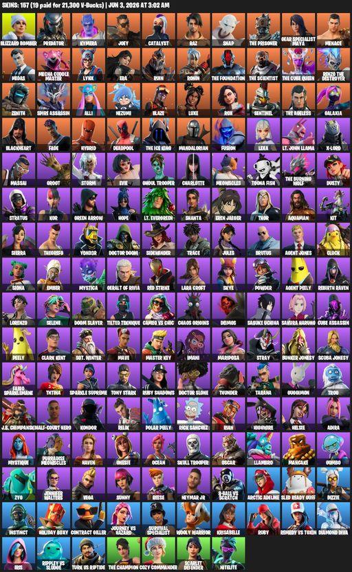 [PC/XBOX] | 157 skins | 1550 V-bucks | Lara Croft | Blizzard Bomber | Predator | Kymera | Joey | Catalyst | Raz | Snap | The Prisoner | Full Access