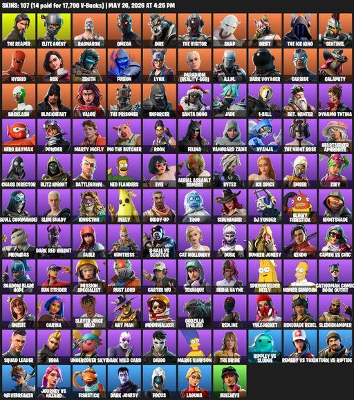 [PC/PSN/XBOX] | 107 skins | 600 V-bucks | Take The L | The Reaper | Elite Agent | Omega | Ragnarok | Dire | The Visitor | Snap | Drift | The Ice King | Full Access