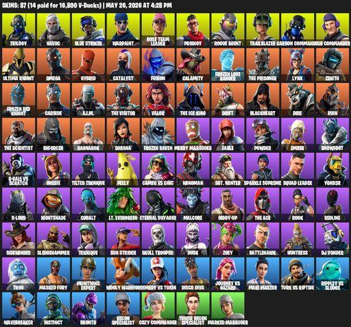 [PC/PSN/XBOX] | 87 skins | 1150 V-bucks | Merry Mint Axe | OG STW | Omega | Trilogy | Havoc | Blue Striker | Warpaint | Rose Team Leader | Prodigy | Full Access
