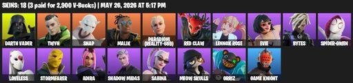 [PC/PSN/XBOX] | 18 skins | 1250 V-bucks | Darth Vader | Twyn | Snap | Malik | Paradigm (Reality-659) | Red Claw | Lennox Rose | Evie | Bytes | Full Access