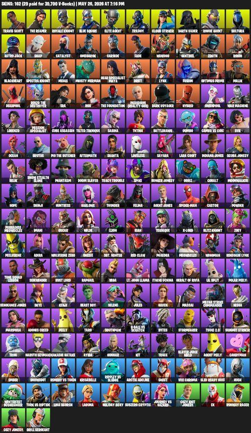 [PC/XBOX] | 162 skins | Take The L | Travis Scott | Royale Knight | The Reaper | Elite Agent | Blue Squire | Lara Croft | Trilogy | Cloud Striker | Full Access