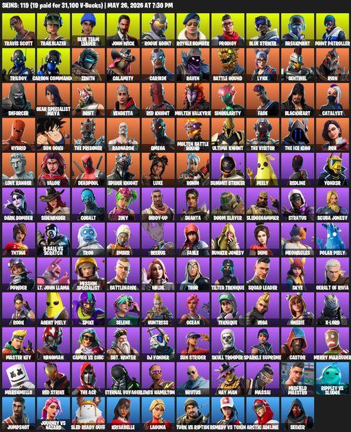 [PC/PSN/XBOX] | 119 skins | Travis Scott | Omega | Trailblazer | Blue Team Leader | John Wick | Rogue Agent | Royale Bomber | Prodigy | Blue Striker | Full Access