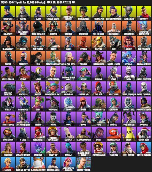 [PC] | 106 skins | 650 V-bucks | Take The L | OG STW | The Reaper | Elite Agent | Omega | Warpaint | Havoc | Glow | Rogue Agent | Rose Team Leader | Full Access