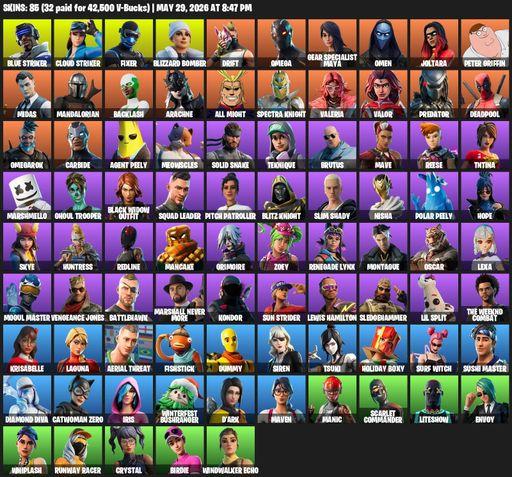 [PC/PSN/XBOX] | 85 skins | 500 V-bucks | Leviathan Axe | Omega | Reaper Axe | Blue Striker | Cloud Striker | Fixer | Blizzard Bomber | Drift | Full Access