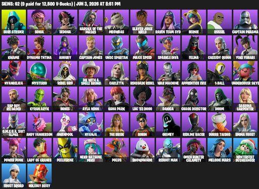 [PC/PSN/XBOX] | 62 skins | 12200 V-bucks | Surf Strider | Sonia | Sedona | Haruka of the Masks | Meowdas | Slayer Juice WRLD | Raven Team Syd | Bernie | Full Access